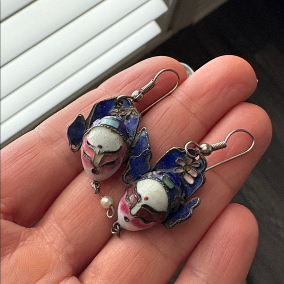 Jewelry - Vintage Porcelain Pink, White and purple/Blue Face Earrings